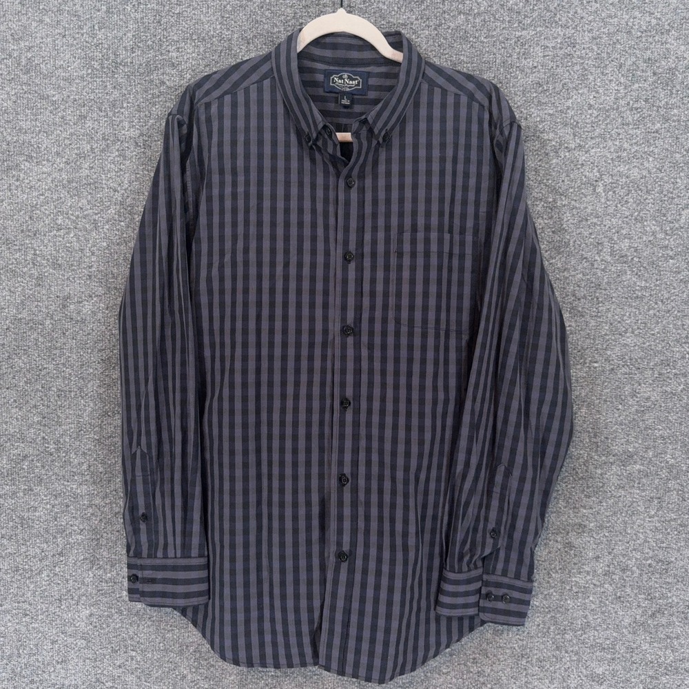 Nat Nast Button Down Shirt Mens Large Blue Gingham Long Sleeve Cotton Casual